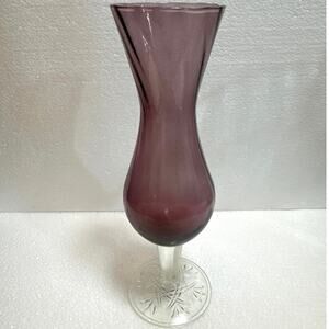 Rare Vintage Amethyst Swirl and Clear Cut Glass Base Bud Vase 8” Tall